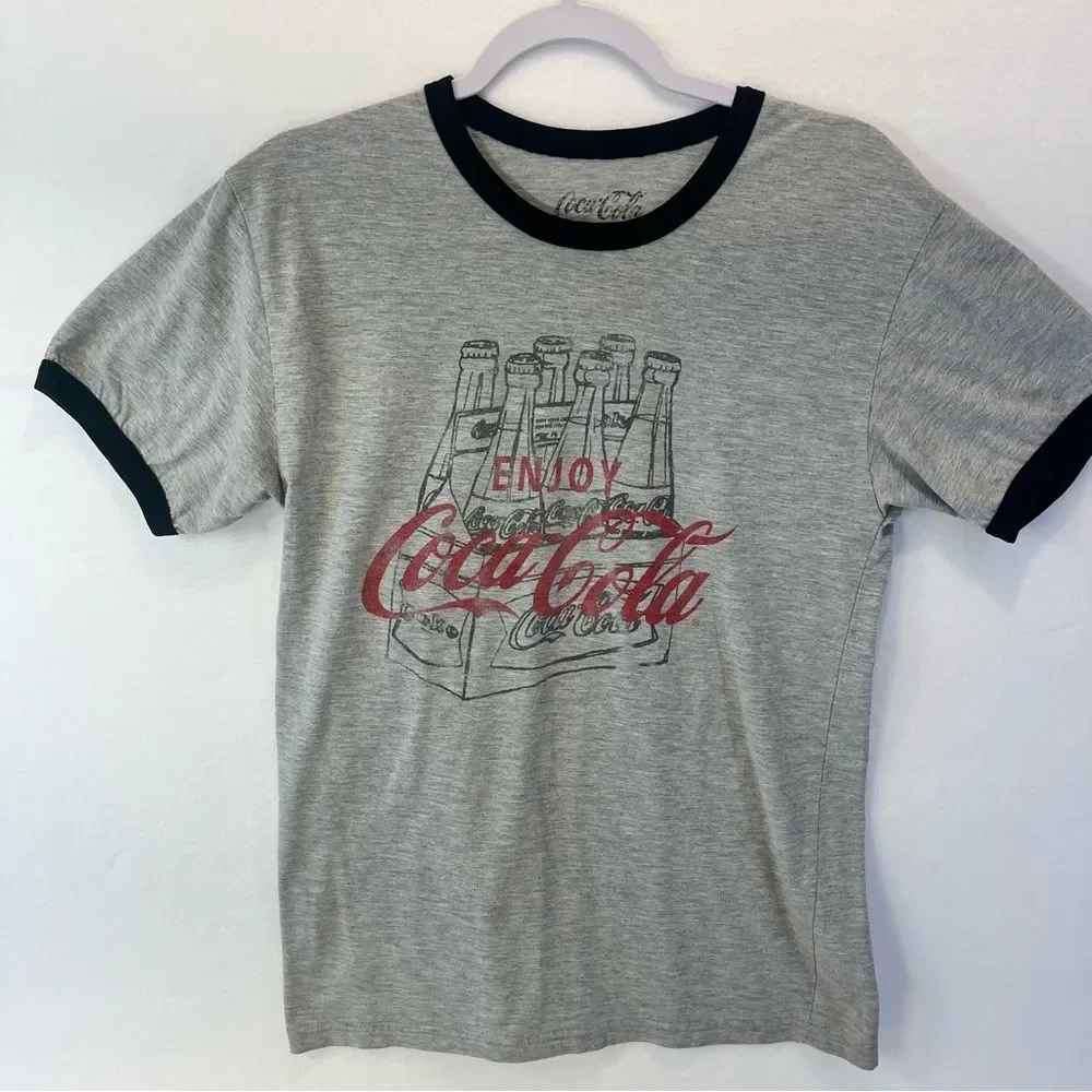 Coca Cola Ringer Unisex T-Shirt Medium Grey/Black Vintage Style Enjoy Coca-Cola